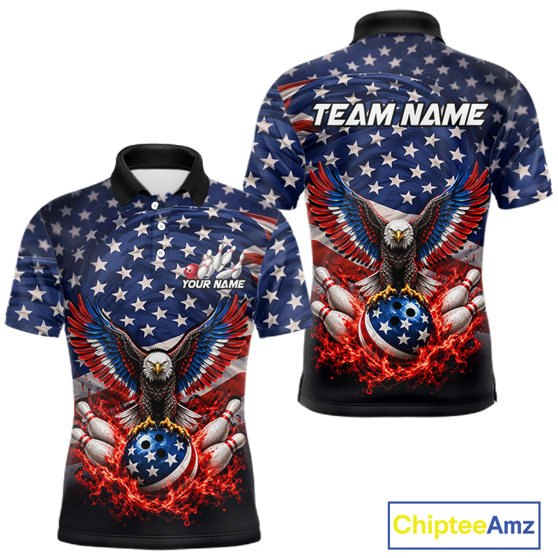 Personalized US Flag Eagle Bowling Polo 1/4-Zip Shirt For Men Custom Name Patriotic Bowling Team Jersey NYN4602