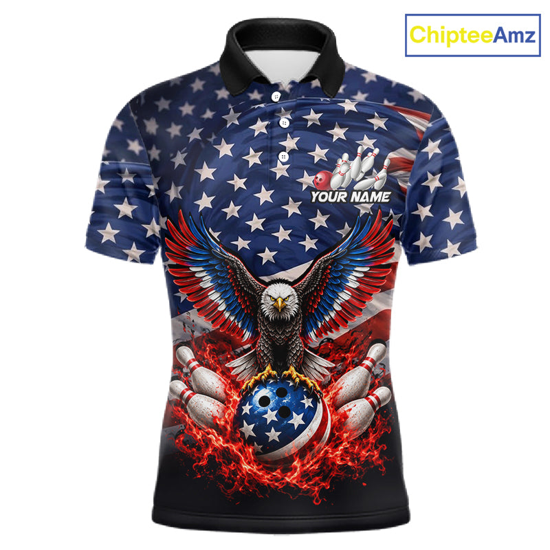 Personalized US Flag Eagle Bowling Polo 1/4-Zip Shirt For Men Custom Name Patriotic Bowling Team Jersey NYN4602