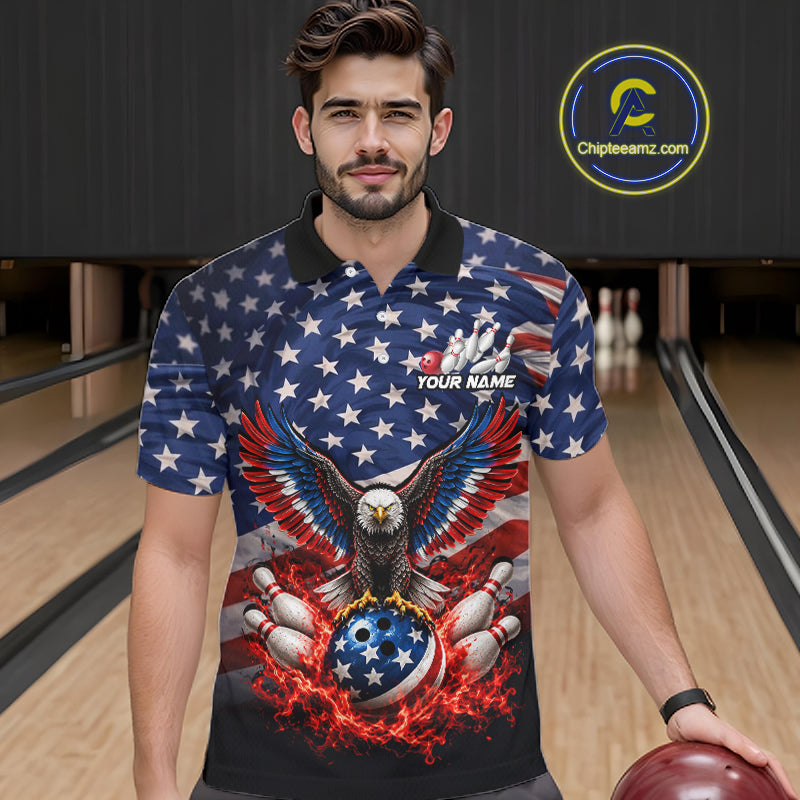 Personalized US Flag Eagle Bowling Polo 1/4-Zip Shirt For Men Custom Name Patriotic Bowling Team Jersey NYN4602