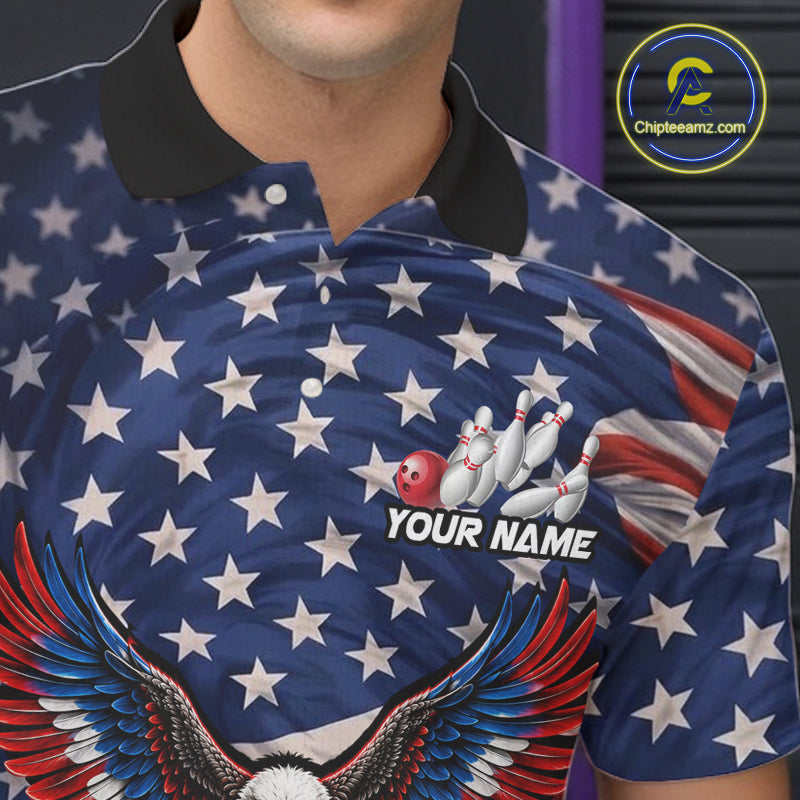 Personalized US Flag Eagle Bowling Polo 1/4-Zip Shirt For Men Custom Name Patriotic Bowling Team Jersey NYN4602