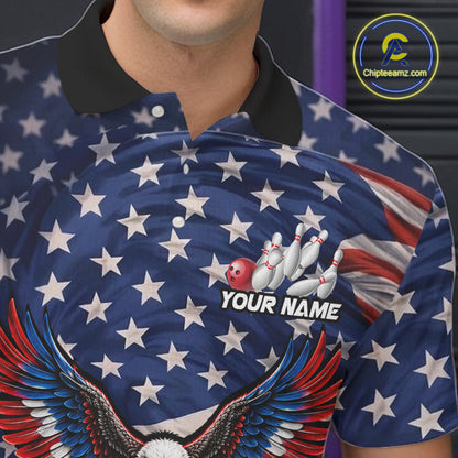 Personalized US Flag Eagle Bowling Polo 1/4-Zip Shirt For Men Custom Name Patriotic Bowling Team Jersey NYN4602