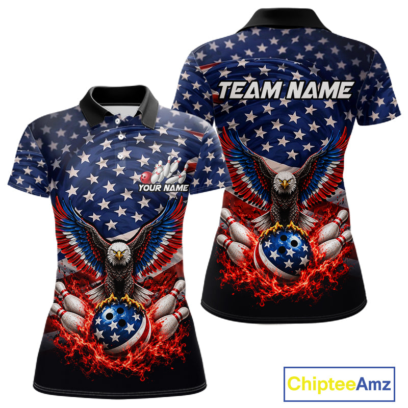 Personalized US Flag Eagle Bowling Polo 1/4-Zip Shirt For Women Custom Name Patriotic Bowling Team Jersey NYN4602