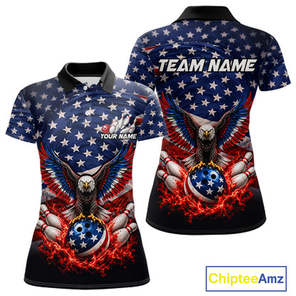 Personalized US Flag Eagle Bowling Polo 1/4-Zip Shirt For Women Custom Name Patriotic Bowling Team Jersey NYN4602