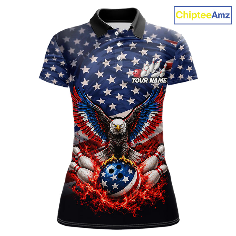 Personalized US Flag Eagle Bowling Polo 1/4-Zip Shirt For Women Custom Name Patriotic Bowling Team Jersey NYN4602