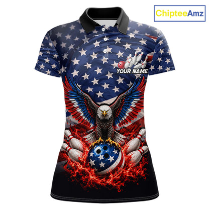 Personalized US Flag Eagle Bowling Polo 1/4-Zip Shirt For Women Custom Name Patriotic Bowling Team Jersey NYN4602