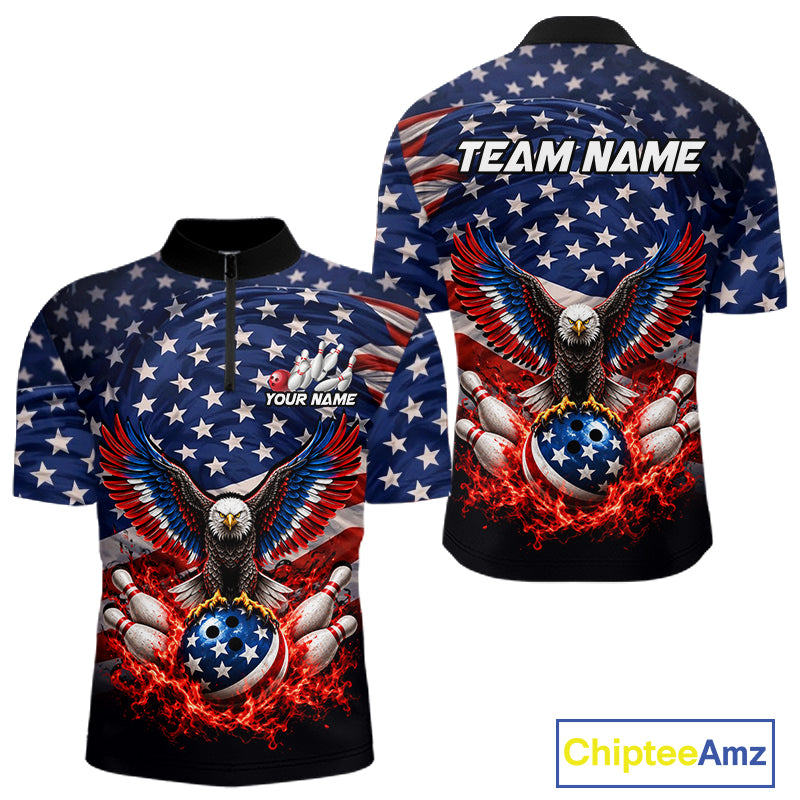 Personalized US Flag Eagle Bowling Polo 1/4-Zip Shirt For Men Custom Name Patriotic Bowling Team Jersey NYN4602