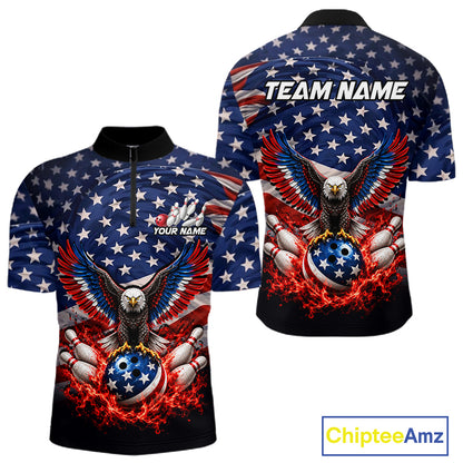 Personalized US Flag Eagle Bowling Polo 1/4-Zip Shirt For Men Custom Name Patriotic Bowling Team Jersey NYN4602