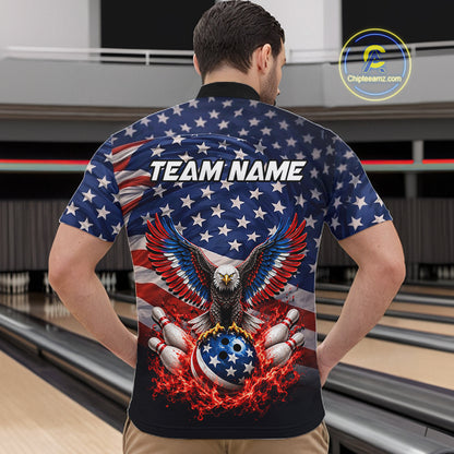 Personalized US Flag Eagle Bowling Polo 1/4-Zip Shirt For Men Custom Name Patriotic Bowling Team Jersey NYN4602
