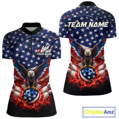 Personalized US Flag Eagle Bowling Polo 1/4-Zip Shirt For Women Custom Name Patriotic Bowling Team Jersey NYN4602