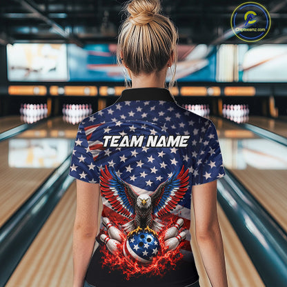 Personalized US Flag Eagle Bowling Polo 1/4-Zip Shirt For Women Custom Name Patriotic Bowling Team Jersey NYN4602