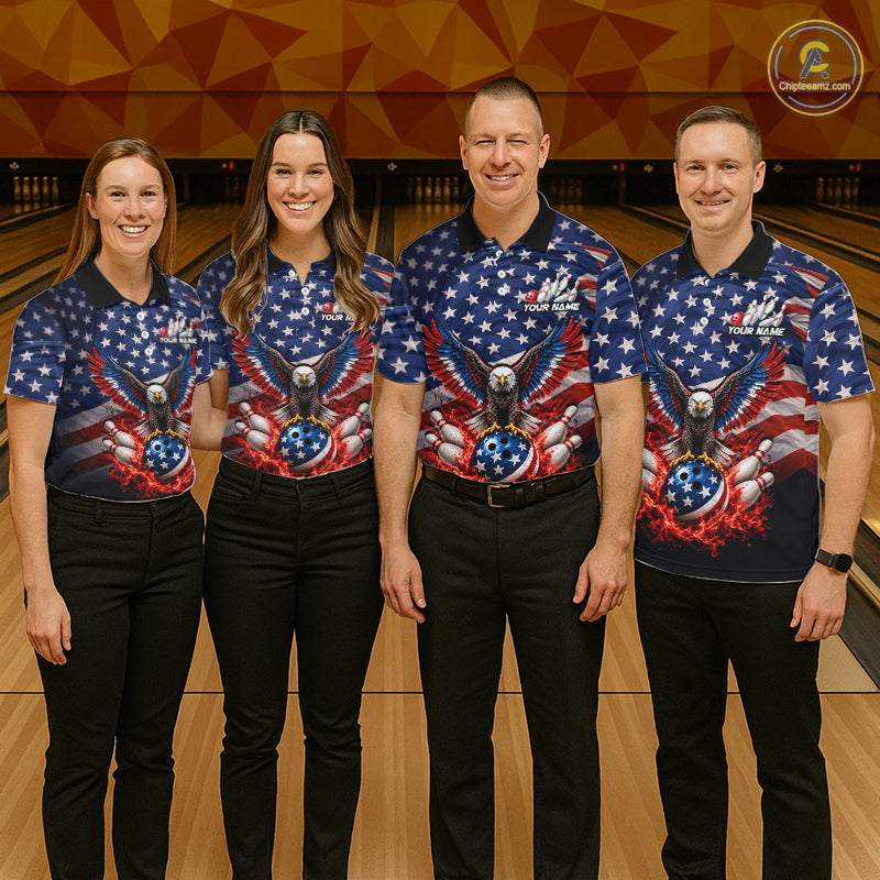 Personalized US Flag Eagle Bowling Polo 1/4-Zip Shirt For Men Custom Name Patriotic Bowling Team Jersey NYN4602
