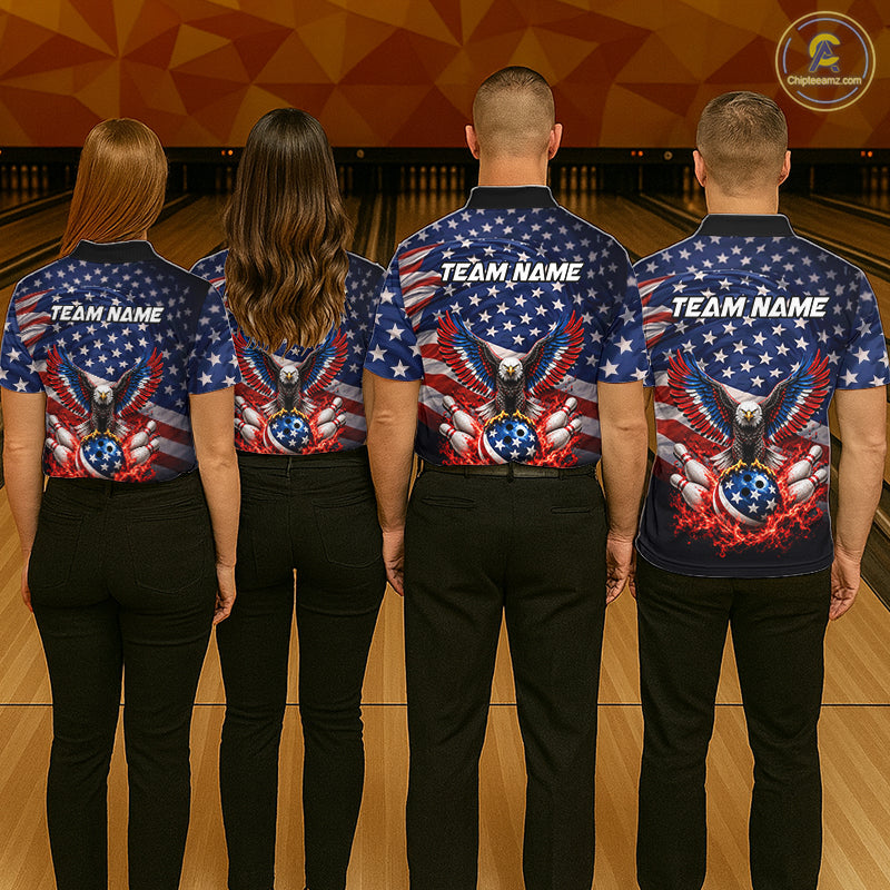 Personalized US Flag Eagle Bowling Polo 1/4-Zip Shirt For Men Custom Name Patriotic Bowling Team Jersey NYN4602
