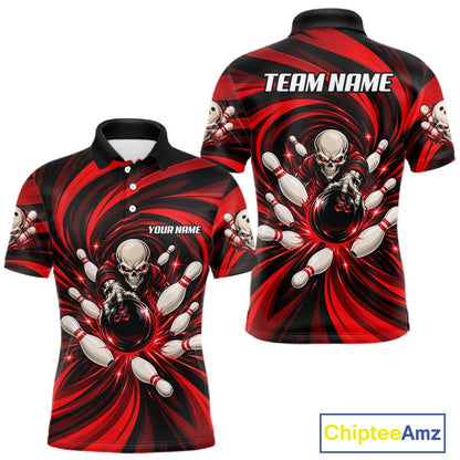 Custom Red Swirl Skull Bowling Polo 1/4-Zip Shirt For Men Skeleton Youth Bowling Team Jerseys NYN4952