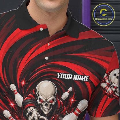 Custom Red Swirl Skull Bowling Polo 1/4-Zip Shirt For Men Skeleton Youth Bowling Team Jerseys NYN4952