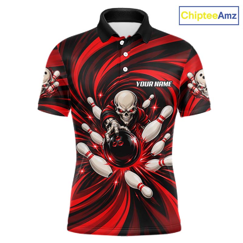 Custom Red Swirl Skull Bowling Polo 1/4-Zip Shirt For Men Skeleton Youth Bowling Team Jerseys NYN4952