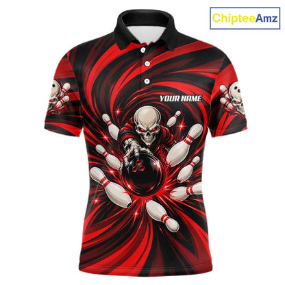 Custom Red Swirl Skull Bowling Polo 1/4-Zip Shirt For Men Skeleton Youth Bowling Team Jerseys NYN4952