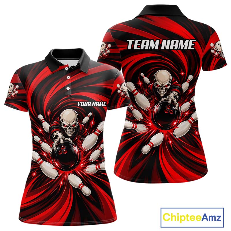 Custom Red Swirl Skull Bowling Polo 1/4-Zip Shirt For Women Skeleton Youth Bowling Team Jerseys NYN4952
