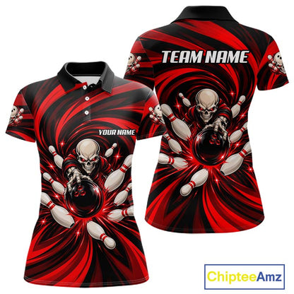 Custom Red Swirl Skull Bowling Polo 1/4-Zip Shirt For Women Skeleton Youth Bowling Team Jerseys NYN4952