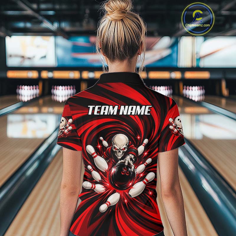 Custom Red Swirl Skull Bowling Polo 1/4-Zip Shirt For Women Skeleton Youth Bowling Team Jerseys NYN4952