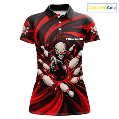 Custom Red Swirl Skull Bowling Polo 1/4-Zip Shirt For Women Skeleton Youth Bowling Team Jerseys NYN4952