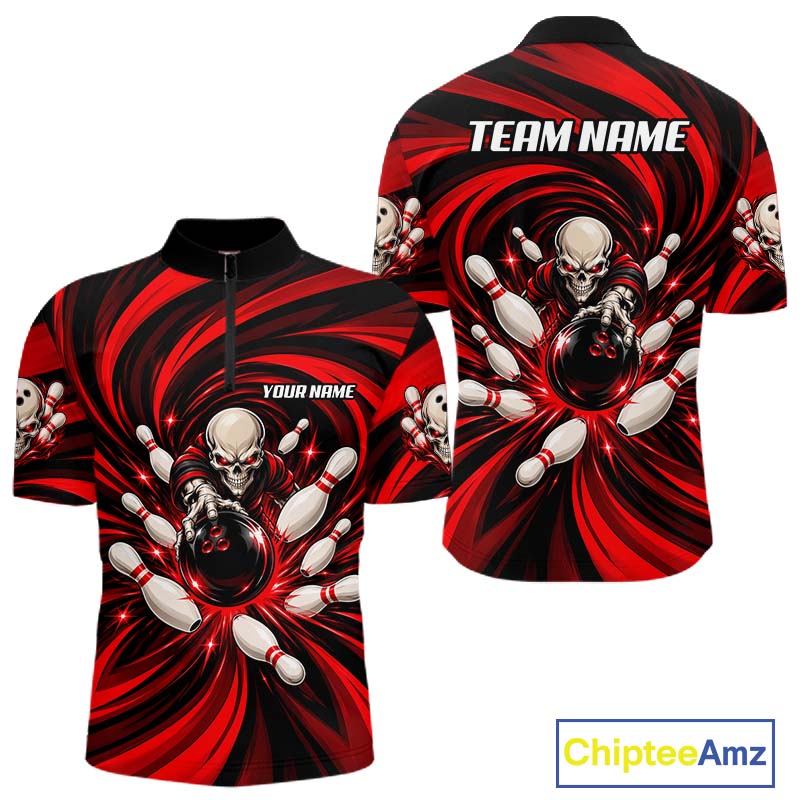 Custom Red Swirl Skull Bowling Polo 1/4-Zip Shirt For Men Skeleton Youth Bowling Team Jerseys NYN4952