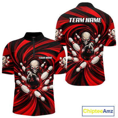 Custom Red Swirl Skull Bowling Polo 1/4-Zip Shirt For Men Skeleton Youth Bowling Team Jerseys NYN4952