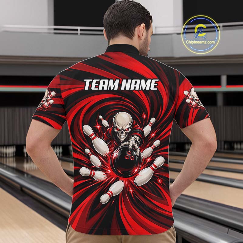 Custom Red Swirl Skull Bowling Polo 1/4-Zip Shirt For Men Skeleton Youth Bowling Team Jerseys NYN4952
