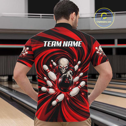 Custom Red Swirl Skull Bowling Polo 1/4-Zip Shirt For Men Skeleton Youth Bowling Team Jerseys NYN4952
