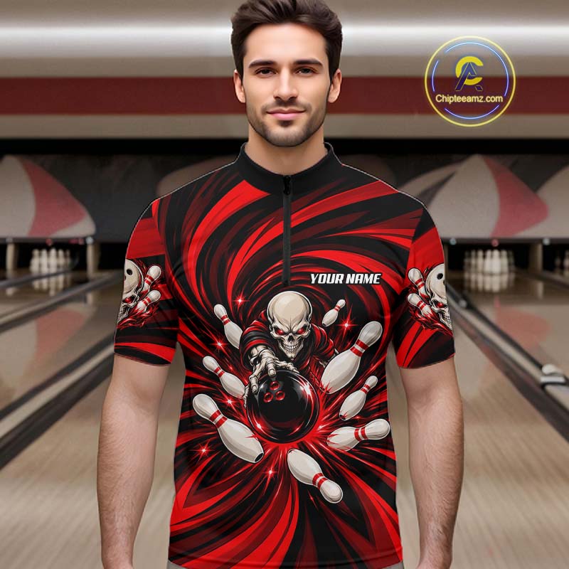 Custom Red Swirl Skull Bowling Polo 1/4-Zip Shirt For Men Skeleton Youth Bowling Team Jerseys NYN4952