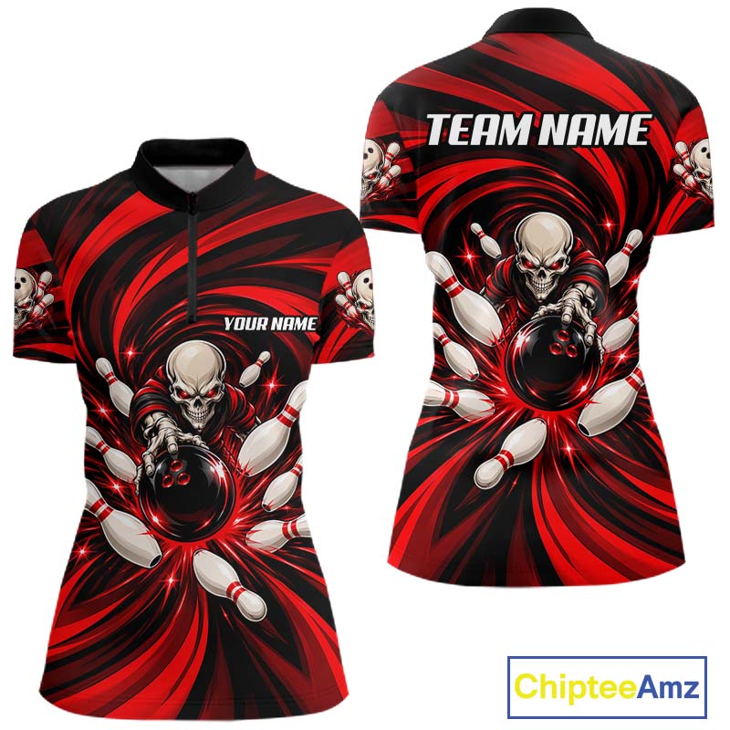 Custom Red Swirl Skull Bowling Polo 1/4-Zip Shirt For Women Skeleton Youth Bowling Team Jerseys NYN4952