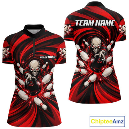 Custom Red Swirl Skull Bowling Polo 1/4-Zip Shirt For Women Skeleton Youth Bowling Team Jerseys NYN4952