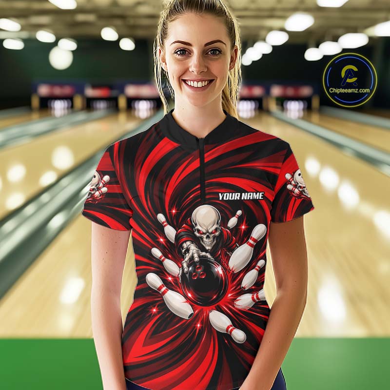 Custom Red Swirl Skull Bowling Polo 1/4-Zip Shirt For Women Skeleton Youth Bowling Team Jerseys NYN4952