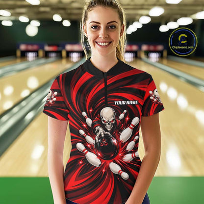 Custom Red Swirl Skull Bowling Polo 1/4-Zip Shirt For Women Skeleton Youth Bowling Team Jerseys NYN4952
