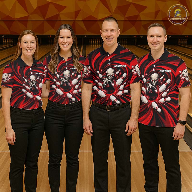 Custom Red Swirl Skull Bowling Polo 1/4-Zip Shirt For Women Skeleton Youth Bowling Team Jerseys NYN4952