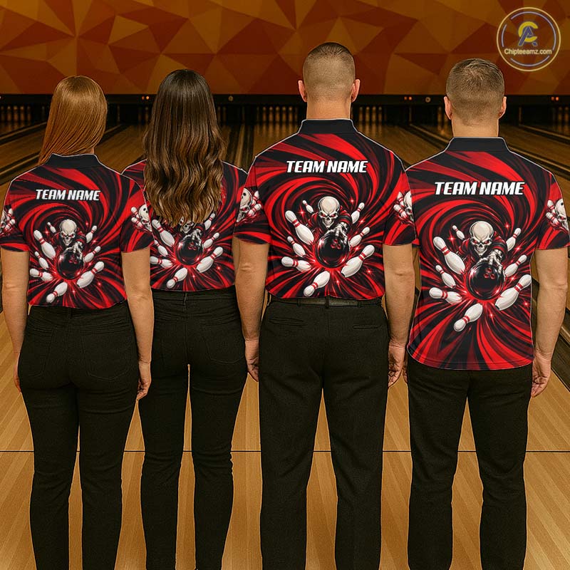 Custom Red Swirl Skull Bowling Polo 1/4-Zip Shirt For Women Skeleton Youth Bowling Team Jerseys NYN4952