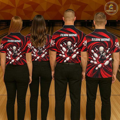 Custom Red Swirl Skull Bowling Polo 1/4-Zip Shirt For Women Skeleton Youth Bowling Team Jerseys NYN4952