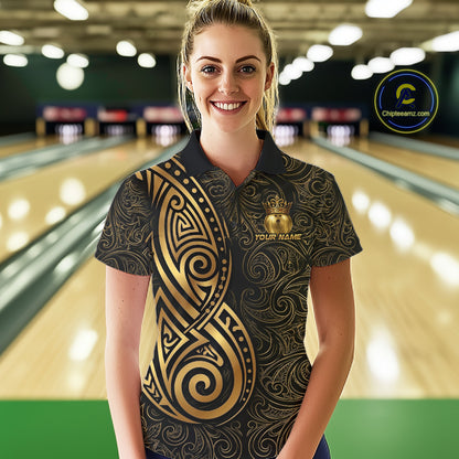 Black And Gold Crown Bowling Ball Polo & 1/4-Zip Shirts For Women Custom Tribal Bowling Team Jerseys NYN3124