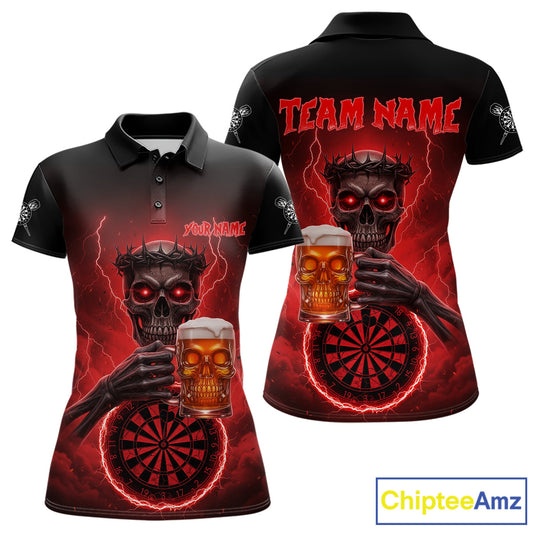 Custom Funny Skull And Beer Lightning Red Dartboard Dart Women Polo Jerseys Dart Team Shirts NYN1755