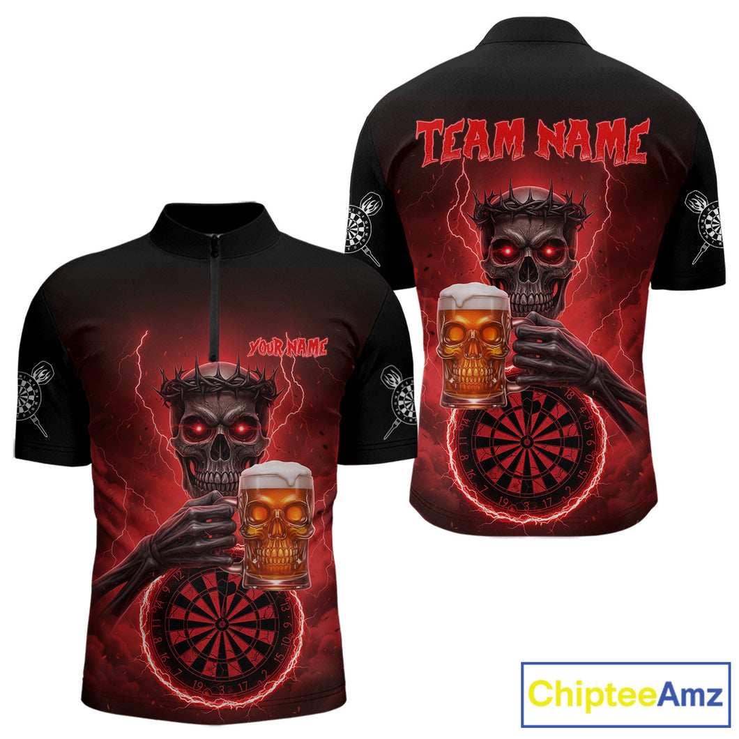 Custom Funny Skull And Beer Lightning Red Dartboard Dart Men Quarter-Zip Jerseys Dart Team Shirts NYN1755