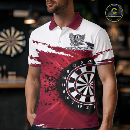 White Maroon Splatter Darts Shirt Eagle Darts Polo 1/4 Zip For Men Custom Darts Jersey Darts Team Gift NYN4953