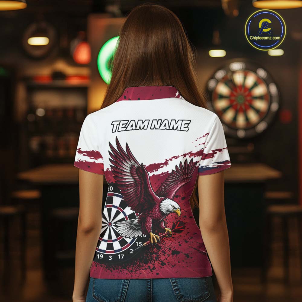 White Maroon Splatter Darts Shirt Eagle Darts Polo 1/4 Zip For Women Custom Darts Jersey Darts Team Gift NYN4953