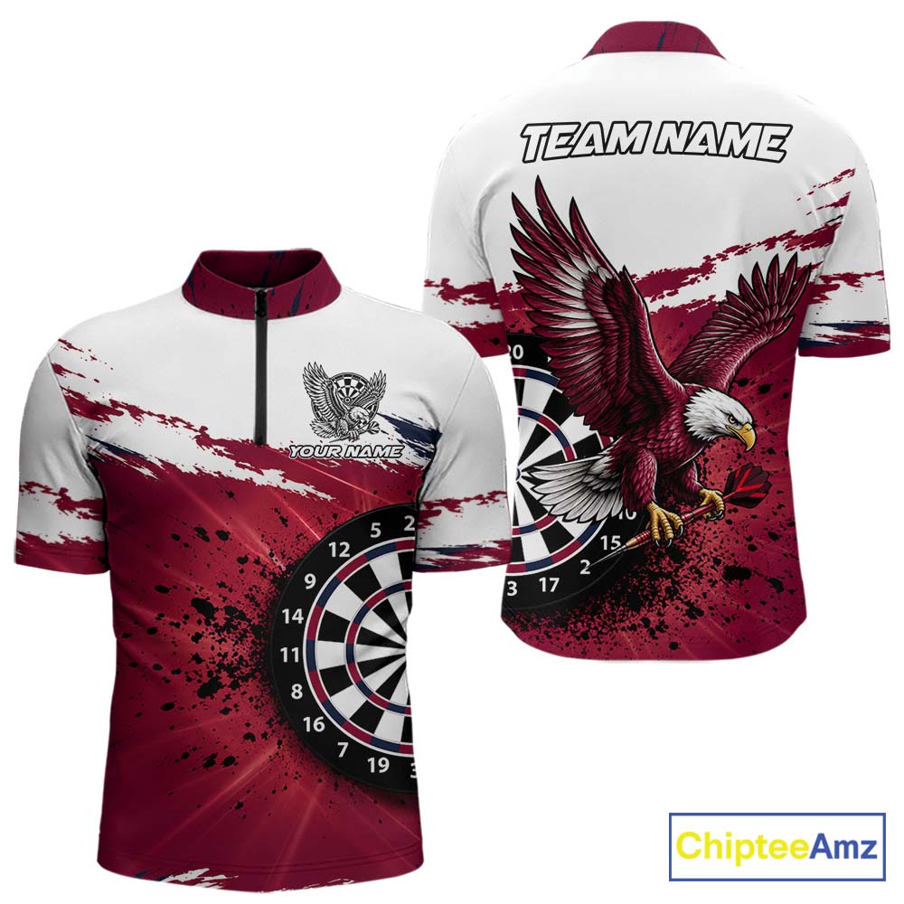White Maroon Splatter Darts Shirt Eagle Darts Polo 1/4 Zip For Men Custom Darts Jersey Darts Team Gift NYN4953