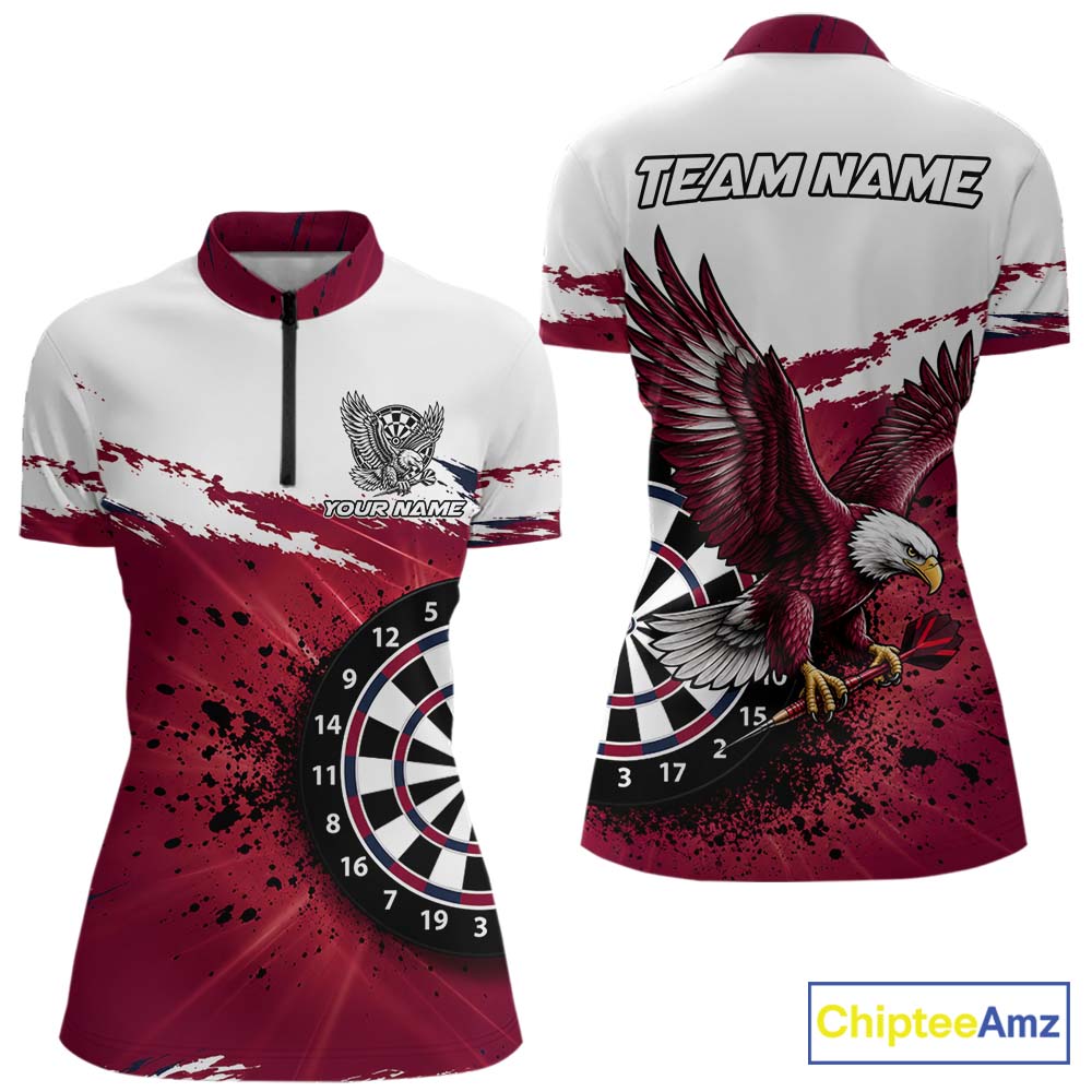 White Maroon Splatter Darts Shirt Eagle Darts Polo 1/4 Zip For Women Custom Darts Jersey Darts Team Gift NYN4953