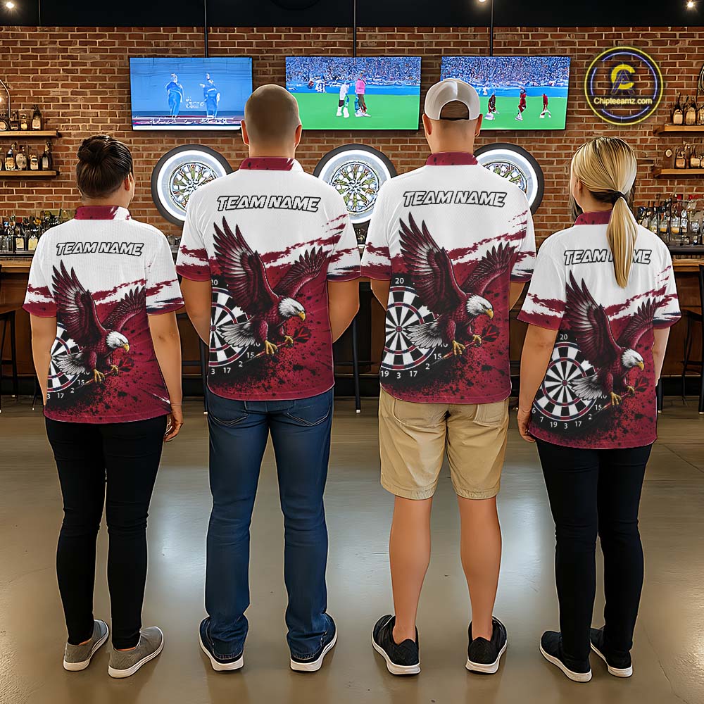 White Maroon Splatter Darts Shirt Eagle Darts Polo 1/4 Zip For Women Custom Darts Jersey Darts Team Gift NYN4953