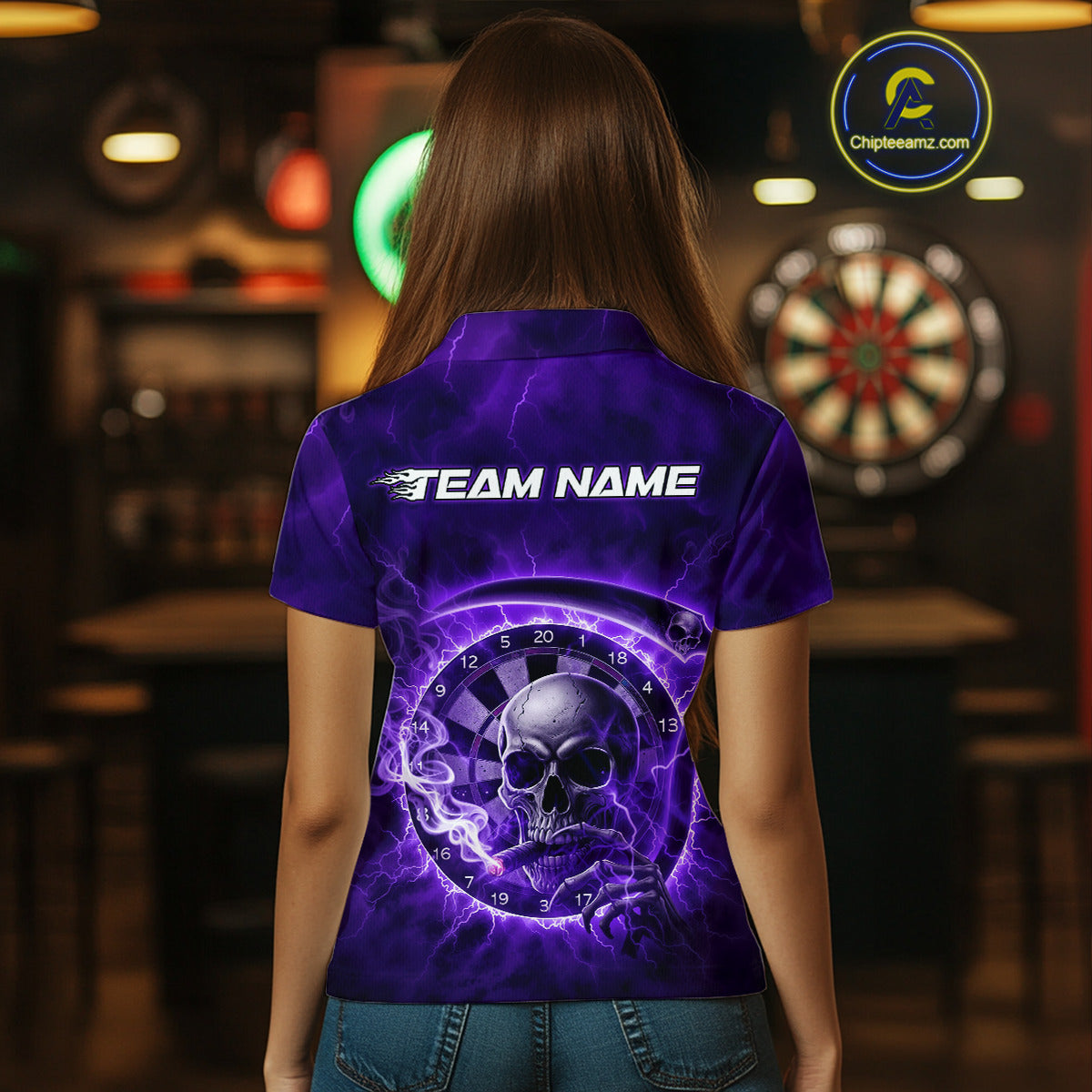Smoking Purple Flames Skull Darts Custom Women Polo Dart Jerseys Thunder Dart League Shirt NYN2050