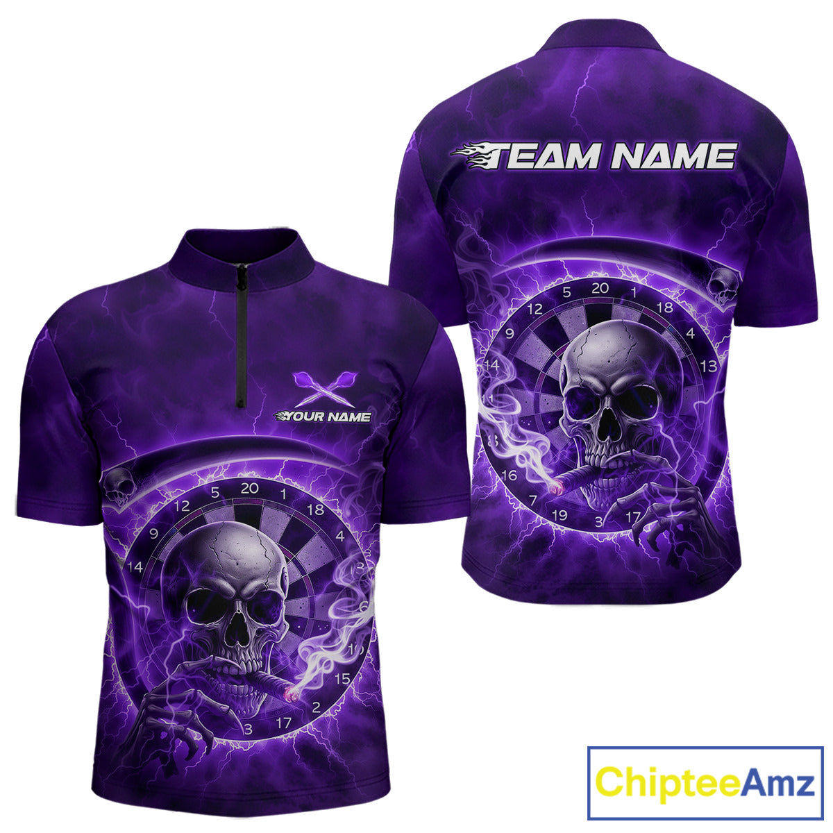 Smoking Purple Flames Skull Darts Custom Men 1/4-Zip Dart Jerseys Thunder Dart League Shirt NYN2050