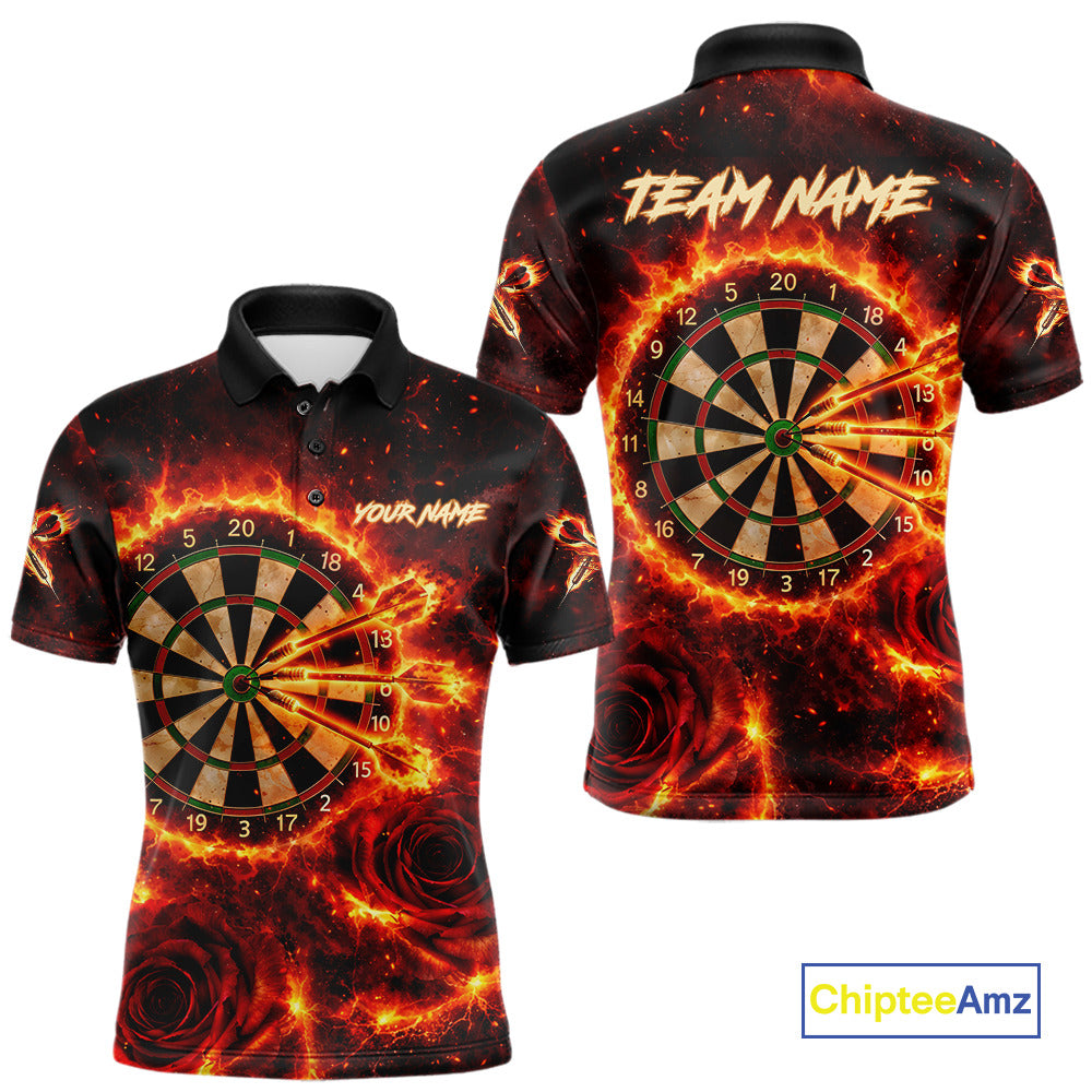 Red Flaming Roses Dartboard & Arrow Custom Men Darts Polo Shirts Fire Flame Dart Jerseys NYN2264