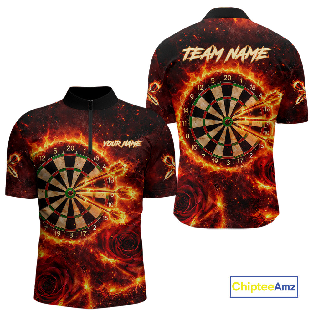 Red Flaming Roses Dartboard & Arrow Custom Men Darts Quarter-Zip Shirts Fire Flame Dart Jerseys NYN2264