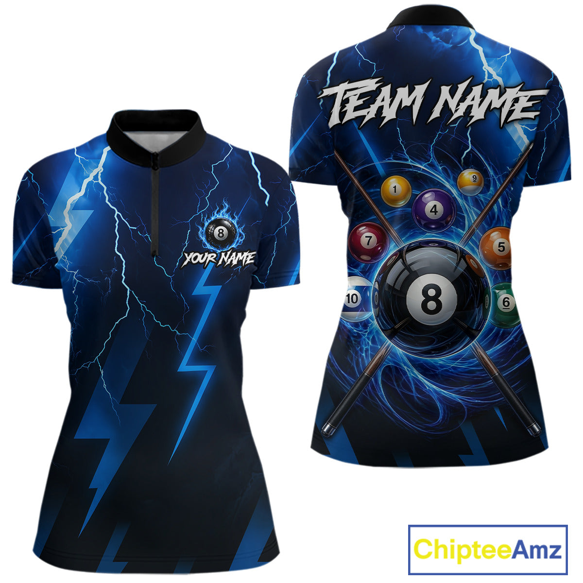 Thunder Lightning Billiard Ball Shirt For Women Custom Blue Flames 8 Ball Billiard Pool Jersey NYN3133