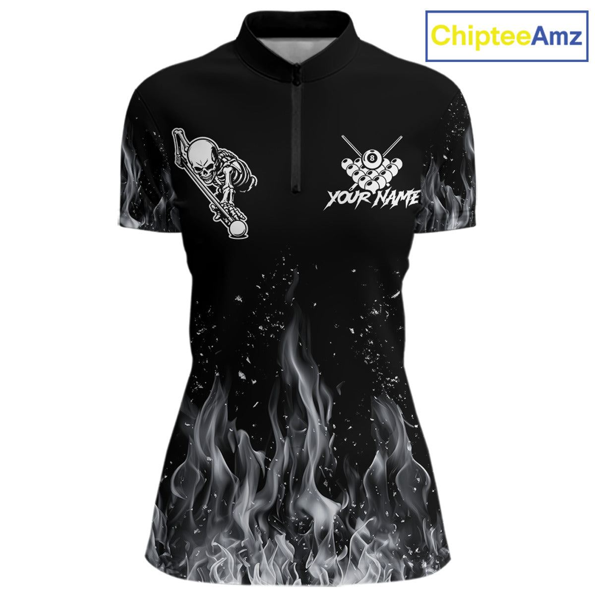 Grey Skeleton Play Pool Billiard Shirt For Women Custom Fire Flame Billiard Jersey, Billiards Gifts NYN3139